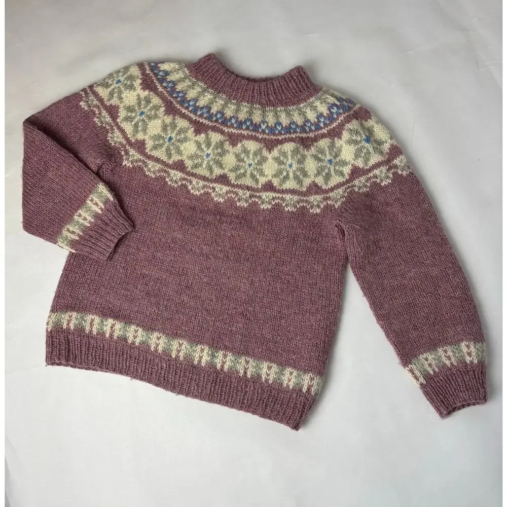 Vintage Handknit Danish Wool Sweater M Fairisle Snowflake Cozycore Hygge DK Ski